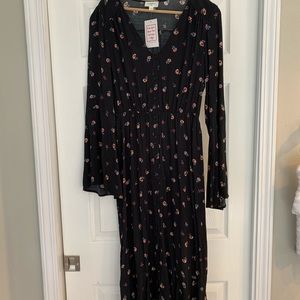 Black Long Sleeve Floral Midi Dress